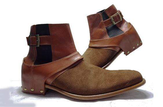 Handmade Men's Ankle High Suede Leather Brown Buckle Boot - leathersguru