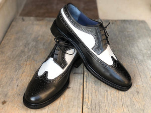 Bespoke Black & White Leather Wing Tip Lace Up Shoe for Men - leathersguru