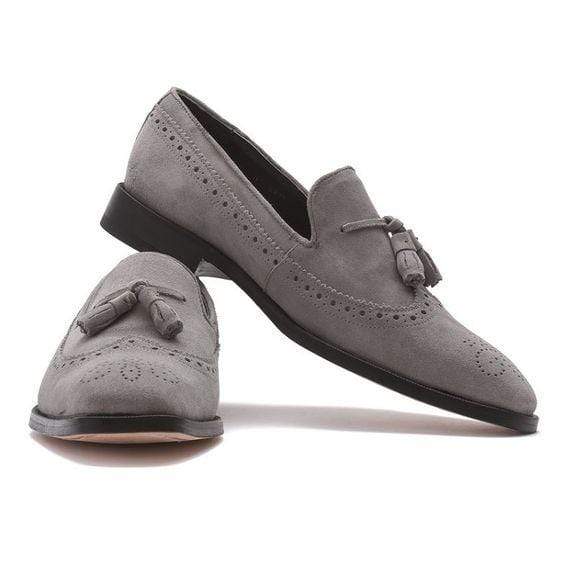 Handmade Gray Loafers Suede Tussles Shoe - leathersguru