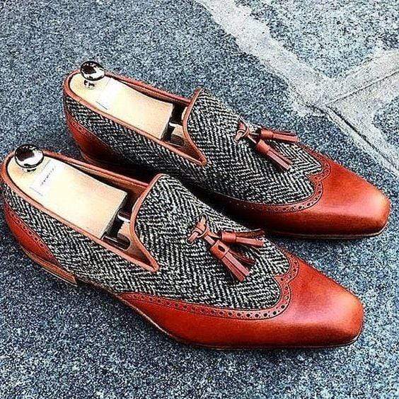 Brown Gray Loafers Leather Tweed Tussles Shoe - leathersguru
