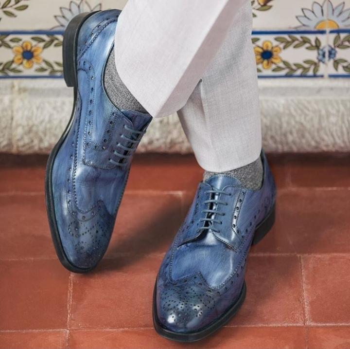 Handmade Men's Leather Blue Wing Tip Brogue Shoes - leathersguru