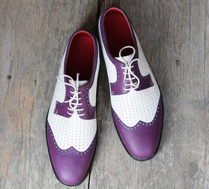 Handmade Leather White Purple Wing Tip Shoe - leathersguru