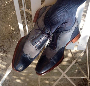Bespoke Black Gray Leather Wing Tip Shoes - leathersguru