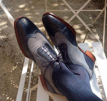 Load image into Gallery viewer, Bespoke Black Gray Leather Wing Tip Shoes - leathersguru
