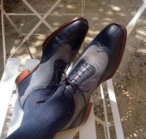 Two tone Navy blue Gray dress leather brogue shoes - leathersguru