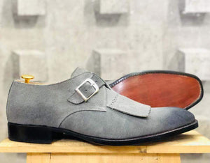Men's Gray Monk Buckle Fringe Suede Shoe - leathersguru
