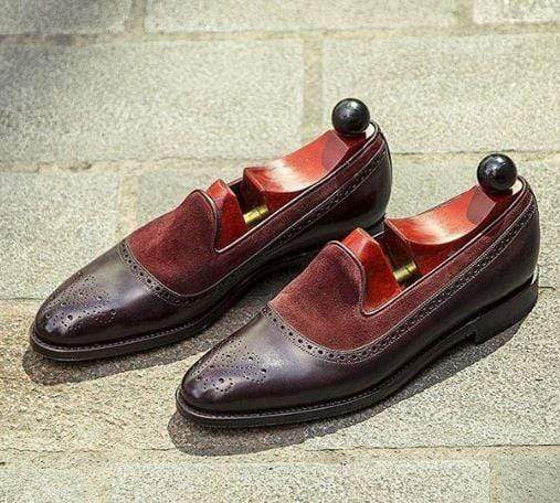 Men's Suede Leather Loafers Shoes, Maroon & Dark Brown Color Slip On Brogue Shoes - leathersguru