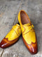 Bespoke Yellow Tan Brown Leather Monk Strap Wing Tip Shoes for Men's - leathersguru