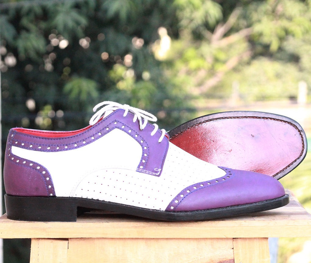 Bespoke Purple White Leather Wing Tip Lace Up Shoes - leathersguru
