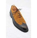 Handmade Tan Black Leather Suede Wing Tip Brogue Shoes - leathersguru