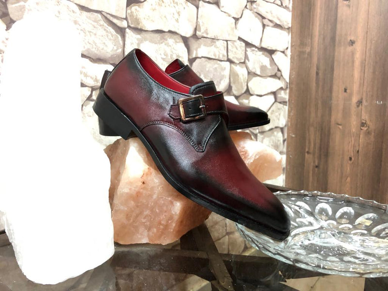 Bespoke Burgundy Black Leather Monk Strap Shoe for Men - leathersguru