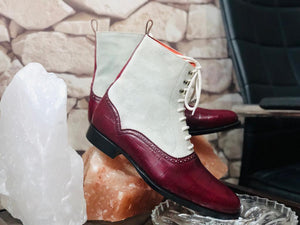 Handmade Men's Ankle Leather Suede Burgundy White Lace Up Boot - leathersguru