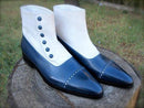 Bespoke Cap Toe White Blue Button Top Boots - leathersguru