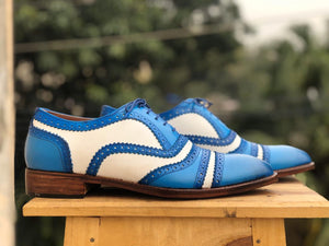 Bespoke Sky Blue&White Leather Cap Toe Lace Up Shoes for Men's - leathersguru