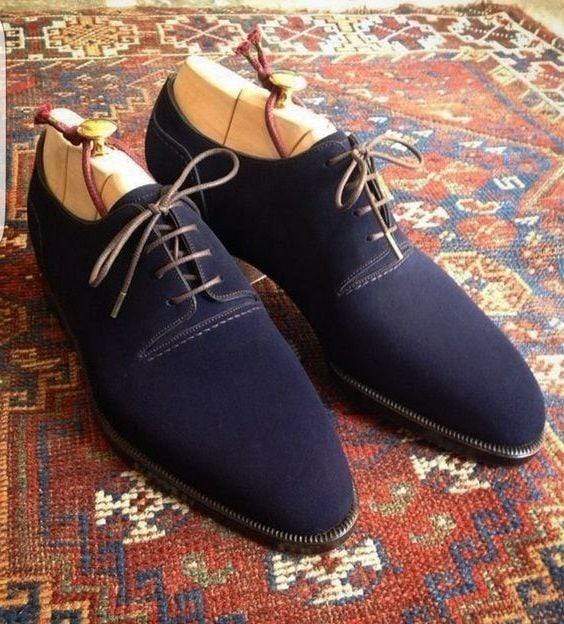 Handmade Men's Suede Navy Blue Derby Shoes - leathersguru