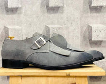 Load image into Gallery viewer, Men&#39;s Gray Monk Buckle Fringe Suede Shoe - leathersguru
