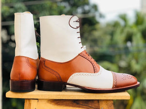 Bespoke White Tan Leather Ankle High Cap Toe Lace Up Boot - leathersguru