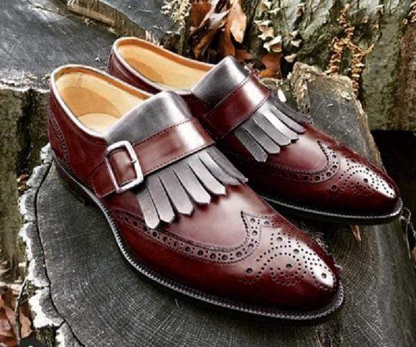 Men's Leather Monk Strap Brown Gray Fringe Wing Tip Brogue Shoes - leathersguru