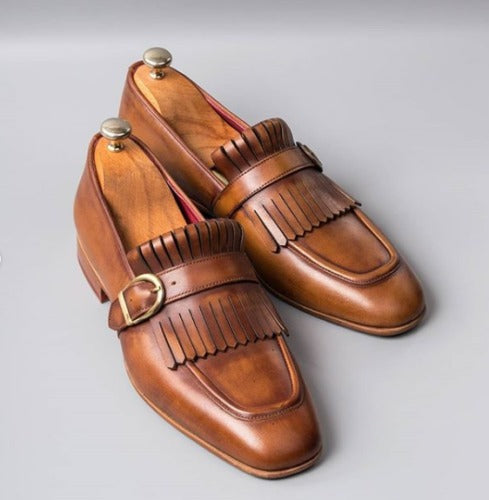 Bespoke Brown Fringe Monk Strap Shoes for Men's - leathersguru