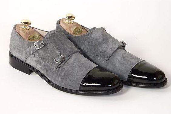 Handmade Black Gray Cap Toe Monk Strap Shoe - leathersguru