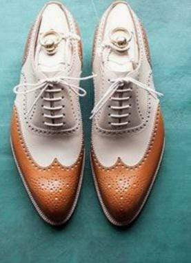 Men's Leather  White Brown Wing Tip Brogue Lace Up Shoes - leathersguru