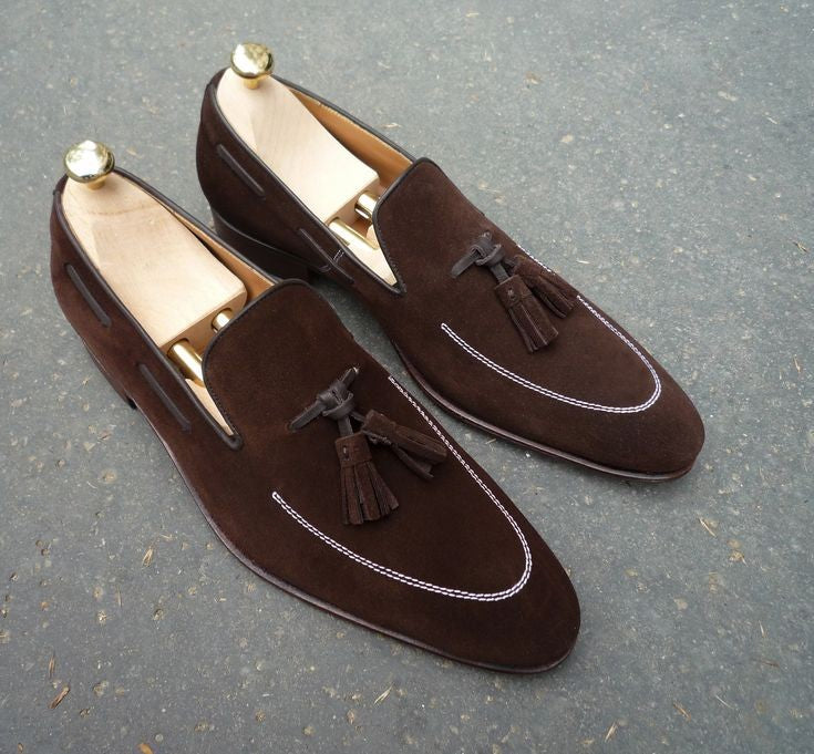 Bespoke Chocolate Brown Suede Tussle Loafer Shoe for Men - leathersguru