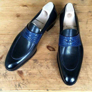 Handmade Men's Navy Blue Leather Slip On Shoes - leathersguru