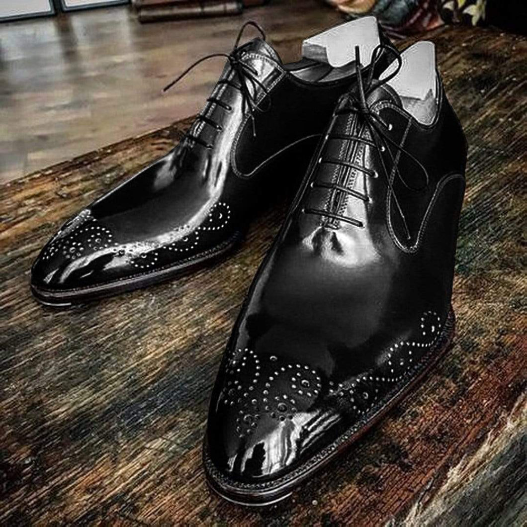 Men's Black Leather Derby Brogue Lace Up Shoes - leathersguru