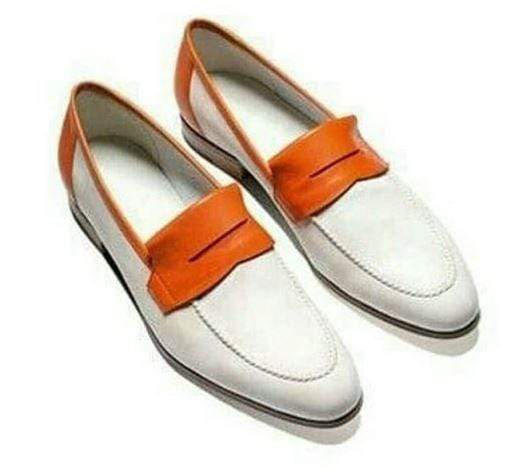 Handmade White Orange Penny Loafers Leather Shoes - leathersguru