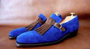 Handmade Blue Suede Fringe Monk Loafers - leathersguru