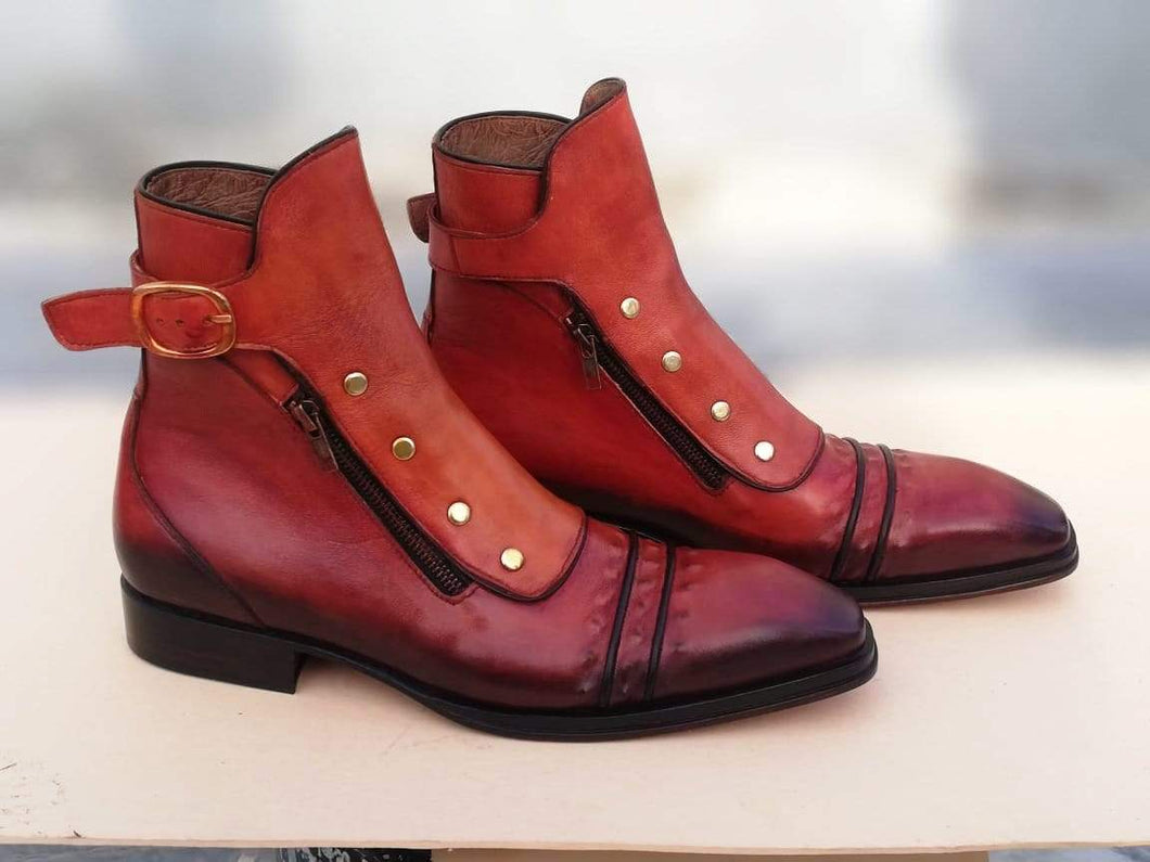 Handmade Cap Toe Burgundy Leather Buckle Boots - leathersguru