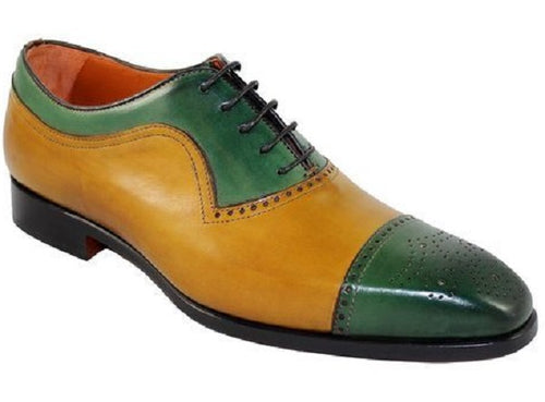 Bespoke Yellow & Green Leather Cap Toe Lace Up Shoe for Men's - leathersguru