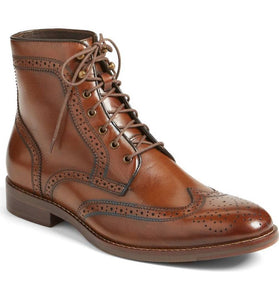 Handmade Tan Leather Wing Tip Lace Up Boots - leathersguru