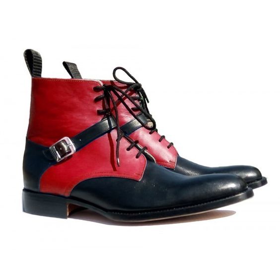 Bespoke Black Red Leather Ankle High Buckle Up Boots - leathersguru