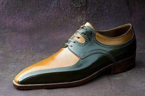 Handmade Men's Tan Green Leather Derby Shoes - leathersguru