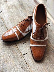 Men's Leather White Brown Cap Toe Lace Up Shoes - leathersguru