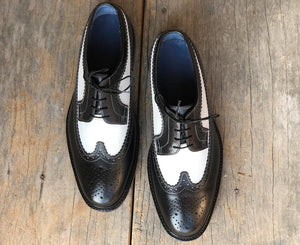 Bespoke Black & White Leather Wing Tip Lace Up Shoe for Men - leathersguru