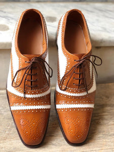 Men's Leather White Brown Cap Toe Lace Up Shoes - leathersguru