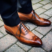 Load image into Gallery viewer, Handmade Men&#39;s Brown Wing Tip Brogue Leather Lace Up Shoes - leathersguru
