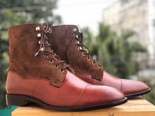Load image into Gallery viewer, Bespoke Brown Burgundy Leather Suede Ankle Lace Up Boot - leathersguru

