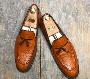 Handmade Ostrich Tan Tussles Leather Loafers For Men's - leathersguru