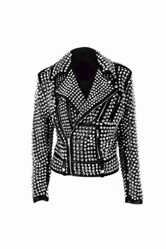 A.L.C Woman Full Silver Studded Punk Cowhide Leather Jacket - leathersguru