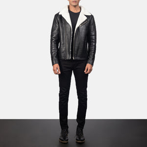 Alberto White Shearling Black Leather Jacket For Men's