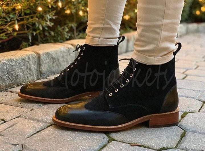Handmade Black Leather Suede Wing Boots - leathersguru