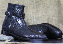 Load image into Gallery viewer, Ankle High Black Alligator Zipper Boots, Handmade Leather Boots
