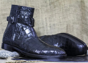 Ankle High Black Alligator Zipper Boots, Handmade Leather Boots