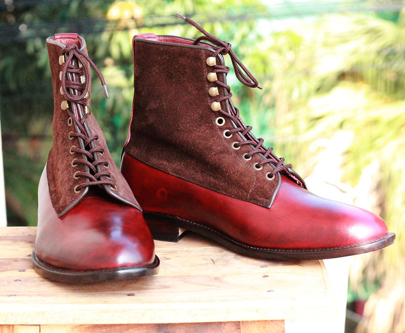 Ankle High Brown Burgundy Boot, Men's Handmade Leather Suede Lace Up Boots For men's Boot