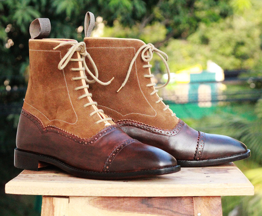 Men's Ankle High Brown Cap Toe Boot,Handmade Leather Suede Lace Up Boots