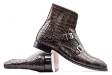 Load image into Gallery viewer, Ankle High Double Buckle Handmade Brown Alligator Leather Boots for Men&#39;s
