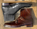 Ankle High Double Buckle Handmade Brown Alligator Leather Boots for Men's